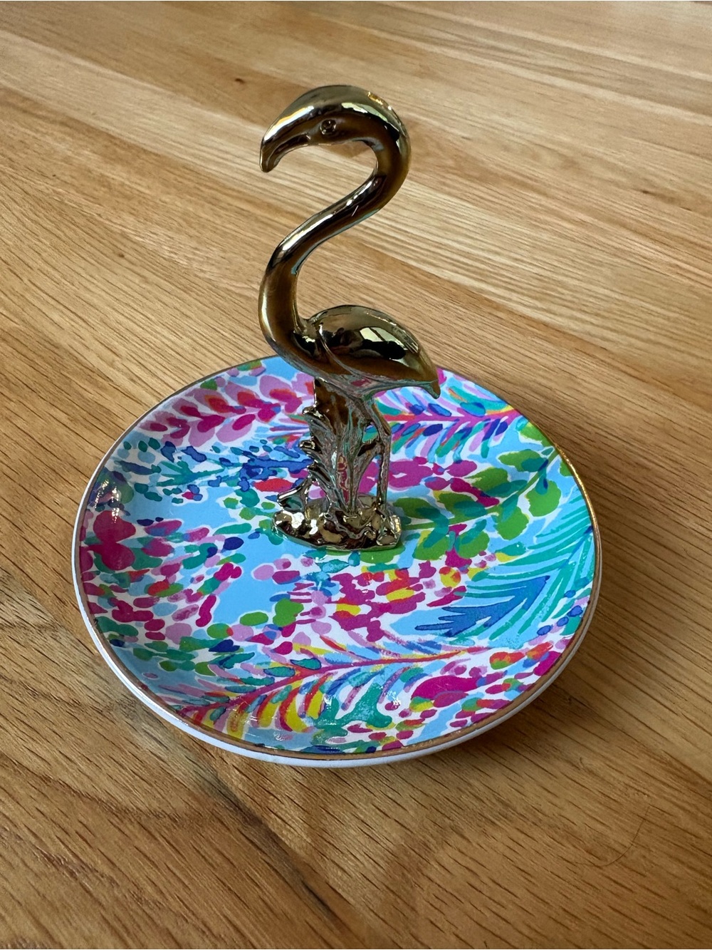 Lilly Pulitzer Bright Floral Ceramic Ring Dish with Gold Flamingo
